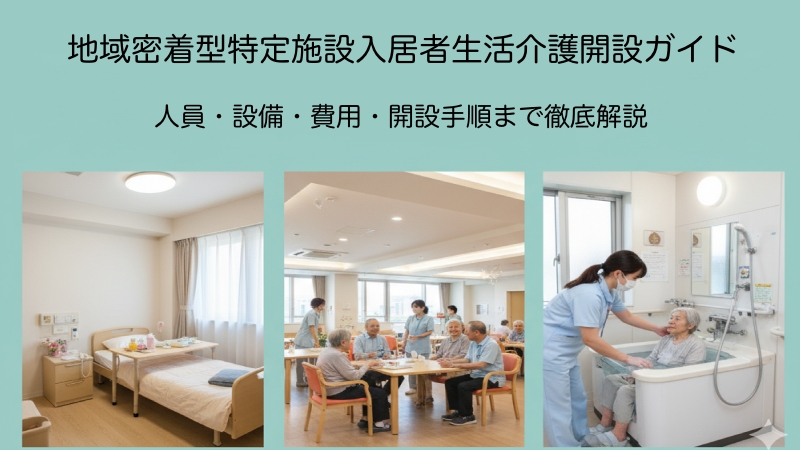 地域密着型特定施設入居者生活介護の開設ガイドのアイキャッチ画像。個室、共同スペースでの活動、入浴介助の様子がコラージュされ、施設の生活とケアを表現。上部には「地域密着型特定施設入居者生活介護 開設ガイド」のタイトルが配置されています。