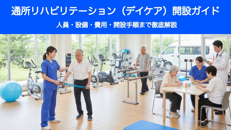 通所リハビリテーション（デイケア）施設で、理学療法士が高齢男性の歩行を支援し、他の利用者はリハビリ機器やテーブル活動に参加している。医師も巡回している。上部に「通所リハビリテーション（デイケア）開設ガイド」の文字。