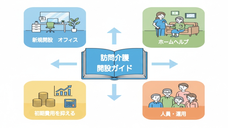 訪問介護事業所の開設ガイドを示すイラスト。中央に開設ガイドの本があり、そこから新規開設、ホームヘルプ、費用、人員・運用に関する情報が分かりやすく示されている。