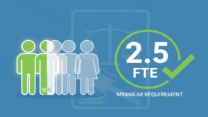 訪問介護事業所に義務付けられている「常勤換算2.5人以上」という人員基準を、職員のアイコンと大きな数字「2.5」で図解したイラスト。