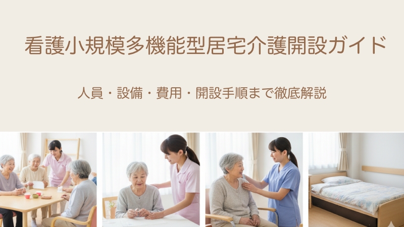 看護小規模多機能型居宅介護の開設ガイドのアイキャッチ画像。「通い」「訪問介護」「訪問看護」「泊まり」の4つのサービスを象徴するシーンがコラージュされています。上部には「看護小規模多機能型居宅介護 開設ガイド」のタイトルが配置されています。
