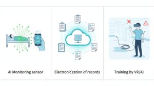 介護のリスクマネジメントにおけるAI/DX活用例(AI見守り、記録の電子化、VR研修)を3つのアイコンで示した図解イラスト。