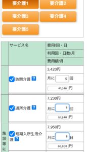 介護サービス概算料金試算ツールのサービス選択画面。訪問介護、通所介護、短期入所生活介護の項目と、それぞれの費用や利用回数を入力する欄が表示されている。
