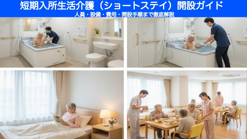 短期入所生活介護（ショートステイ）の施設内の様子を4分割で表示。左上と右上が介護職員による入浴介助、左下が個室で読書する高齢女性、右下が食堂で食事をする高齢者と介護職員の風景。上部に「短期入所生活介護（ショートステイ）開設ガイド」の文字。