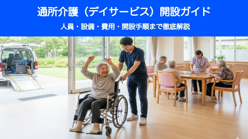 デイサービス施設で、車椅子の高齢女性が介護職員と笑顔で交流し、他の利用者も活動している。施設の外には送迎車が見える。上部に「通所介護（デイサービス）開設ガイド」の文字。