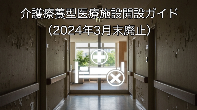 古い医療施設の廊下と、廃止された介護療養病床を象徴するアイコン。背景には新しい介護医療院のイメージが見える。
