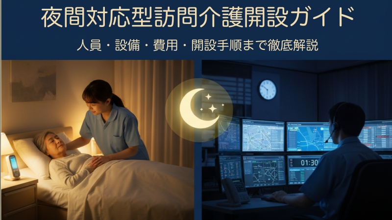 夜間対応型訪問介護の開設ガイドのアイキャッチ画像。夜間、ベッドで高齢者を優しくケアする介護士と、緊急通報システムを監視するオペレーターの様子が描かれています。上部には「夜間対応型訪問介護 開設ガイド」のタイトルが配置されています。