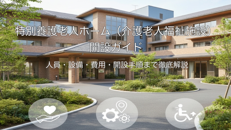 特別養護老人ホームの建物イラスト。地域に根差した社会福祉、地域連携、重度介護のニーズを象徴するアイコンが描かれている。