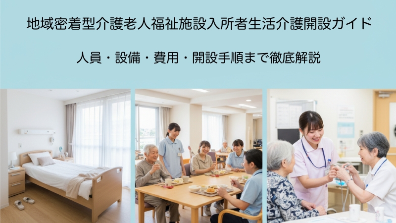 地域密着型介護老人福祉施設（小規模特養）の開設ガイドのアイキャッチ画像。個室、共同での食事風景、看護師による健康管理の様子がコラージュされ、施設の生活と専門的なケアを表現しています。上部には「地域密着型介護老人福祉施設入所者生活介護 開設ガイド」のタイトルが配置されています。
