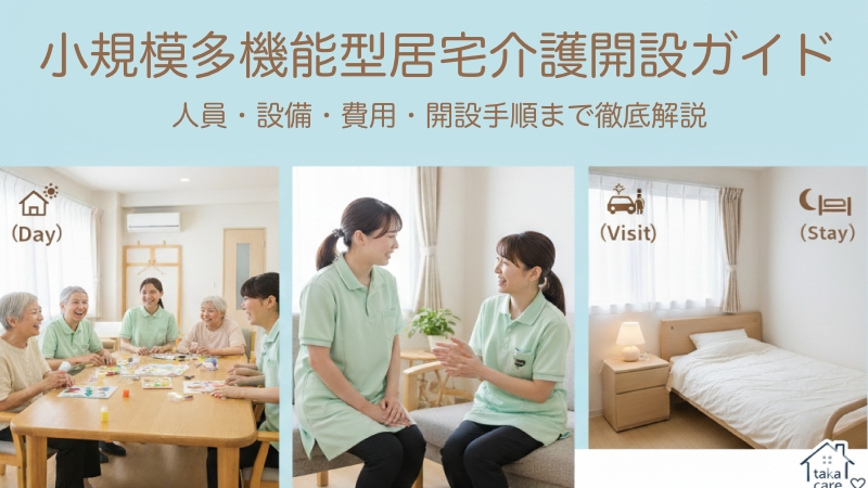 小規模多機能型居宅介護の開設ガイドのアイキャッチ画像。「通い」「訪問」「泊まり」の3つのサービスが一体となった様子を表現したコラージュ。デイサービスでの活動、自宅への訪問、宿泊施設の様子が描かれ、上部にタイトルが配置されています。