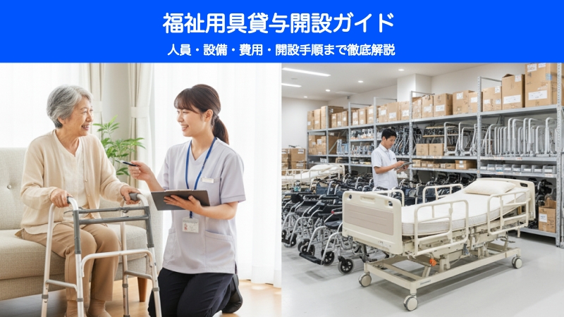 福祉用具貸与事業の様子を左右2分割で表示。左は専門相談員が高齢女性に歩行器の説明をしている場面、右は清潔に整理された倉庫に福祉用具（車椅子、ベッドなど）が並べられ、スタッフが管理している場面。上部に「福祉用具貸与 開設ガイド」の文字。
