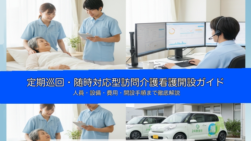 定期巡回・随時対応型訪問介護看護の開設ガイドを示すコラージュ画像。介護スタッフが利用者と触れ合う様子、オペレーターがICTシステムを操作する様子、24時間対応車両が写っており、ガイドのタイトルが中央に大きく表示されています。