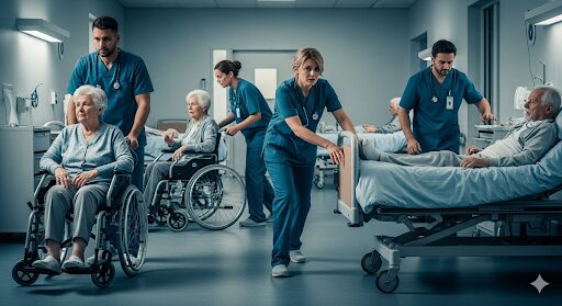 人手不足で疲弊した介護士が、複数の業務に追われる介護現場の様子。疲れた表情で走り回る介護士と、援助を待つ高齢者の姿が描かれている。