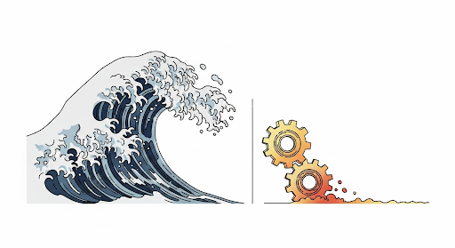 日本の高齢者人口の増加と、労働者人口の減少を象徴するイラスト。巨大な波と、小さくなっていく歯車が描かれ、需要と供給のアンバランスを表現している。