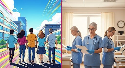 介護現場から去っていく若い世代のイラストと、残って働くベテラン介護士。若者離れと職員の高齢化を表現している。
