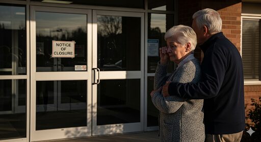人手不足で閉鎖された介護施設の入り口に立ち、悲しみに暮れる高齢者の夫婦。サービスの終了が利用者の生活を脅かす様子を描いている。