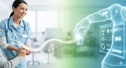 AI技術と協力して働く介護士の様子。ロボットが記録作業をサポートする一方で、介護士は笑顔で高齢者と向き合っている。AIが人の仕事を奪うのではなく、パートナーとして共存する未来を描いている。