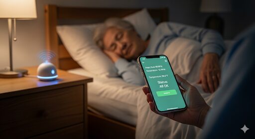 夜勤中の介護士が、見守りAIセンサーを通じてスマートフォンで高齢者のバイタルデータをチェックしている様子。不要な巡回が減り、夜間の負担が軽減されることを示している。
