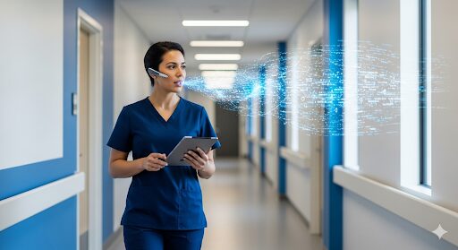 AIを活用した記録システムで、話した内容が自動でテキスト化される様子。インカムで記録を行い、事務作業から解放される介護士を描いている。