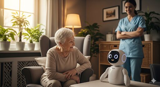 高齢者と会話を楽しむコミュニケーションAIロボット。そばで見守る介護士とともに、高齢者の孤独を癒し、QOLを向上させる様子。