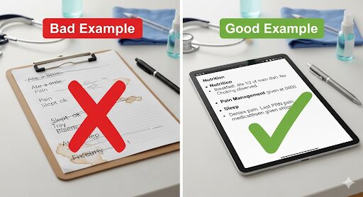 介護の申し送り例文の「悪い例」と「良い例」を比較した画像。雑なメモと、具体的で分かりやすく箇条書きされたメモが対比されている。