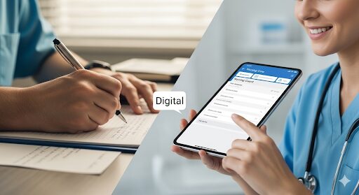 介護の申し送りの効率化を表現した画像。手書きで記録する様子と、タブレットやスマホで笑顔で記録する様子が対比されている。