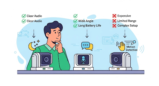 見守りカメラを選ぶ様子を描いたイラスト。複数のカメラの機能(暗視機能、通話機能など)やメリット・デメリットを比較検討している。