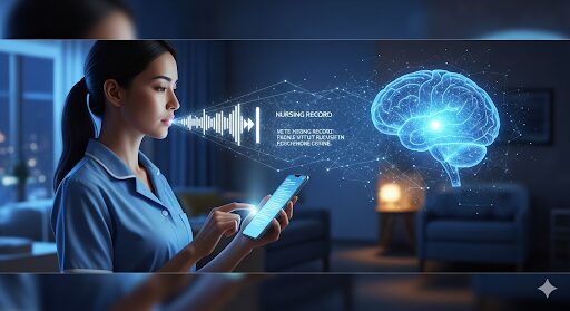 AI介護記録システムによる効率化を表現したイラスト。介護士がスマホに向かって話すだけで、音声が自動的にテキスト化されて記録される様子。