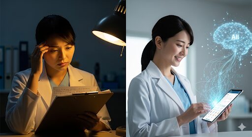 夜勤記録の負担を軽減する様子を表現したアイキャッチ画像。左側は手書きの記録に疲れている介護士、右側はAIを搭載したタブレットを使い笑顔で記録する介護士が対比されている。