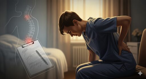 腰を痛め、背中を曲げて苦痛に顔をゆがめる若い介護士のイラスト。介護者の腰痛リスクを表現している。