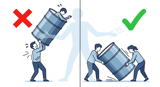 重いものを「持ち上げる」のではなく「転がす」という、ドラム缶の要領を比較したイラスト。体重が重い方の介護介助のコツを表現している。