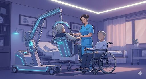 「持ち上げない介護(ノーリフトケア)」を象徴するイラスト。介護士が電動リフトを使い、高齢者をベッドから安全に移乗させている。