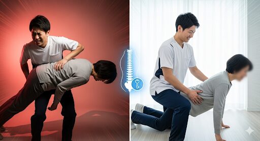 腰を痛めそうに無理な体勢で介助する介護士と、正しい方法で安全に介助する介護士を対比した画像。介護者の腰痛予防の重要性を表現している。