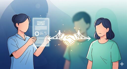 AIを活用した転倒予防の未来を表現したイラスト。ベッド上の高齢者の様子をAIセンサーが検知し、職員のスマホに通知を送っている。
