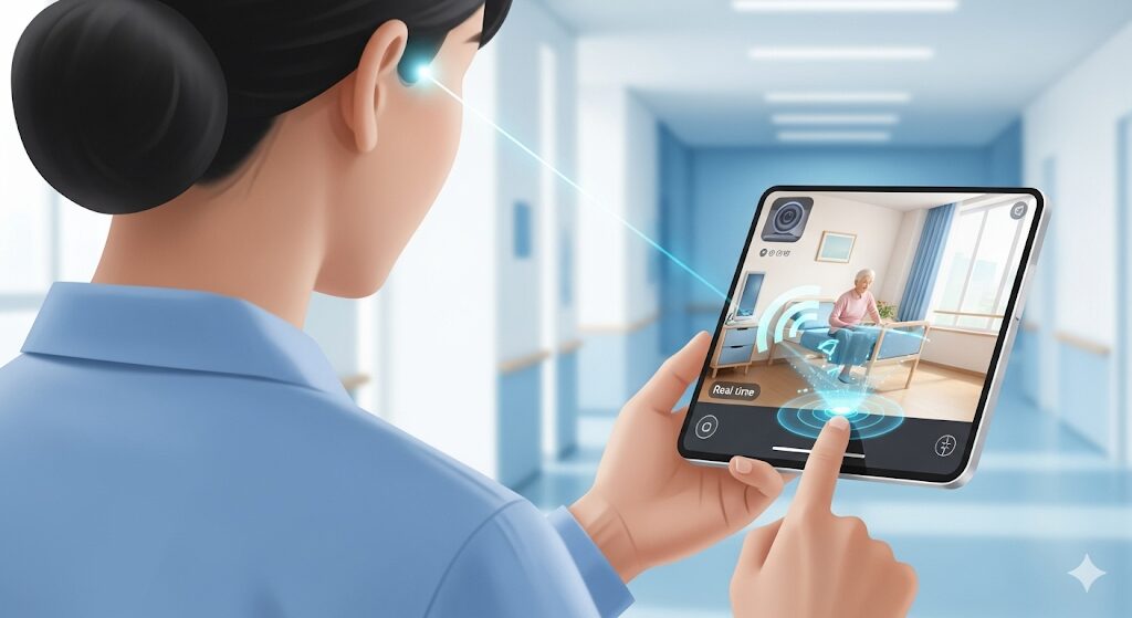 AIを活用した介護の危険予知トレーニングの未来を表現したイラスト。AIセンサーが検知した高齢者の転倒の予兆が、介護士のスマートフォンに通知されている。