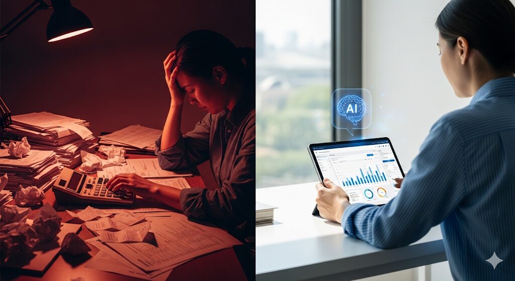 山積みの書類や電卓に囲まれ、ストレスを感じている様子の事務担当者（左）と、AI搭載の最新ソフトを使い、落ち着いて仕事をしている様子（右）を対比させた画像。介護報酬計算の負担を軽減する未来を表現している。