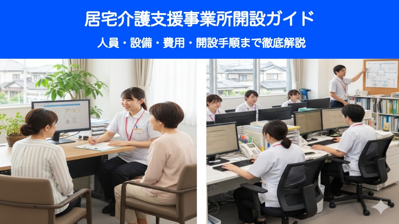 居宅介護支援事業所の様子を左右2分割で表示。左はケアマネジャーが相談室で高齢女性とその家族に介護相談をしている場面、右は複数のケアマネジャーがオフィスで連携して業務を行っている場面。上部に「居宅介護支援事業所 開設ガイド」の文字。