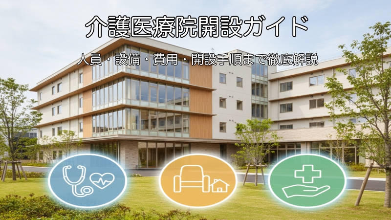 医療と介護が統合された介護医療院の建物イラスト。慢性期医療、長期療養、医療介護連携を象徴するアイコンが描かれている。