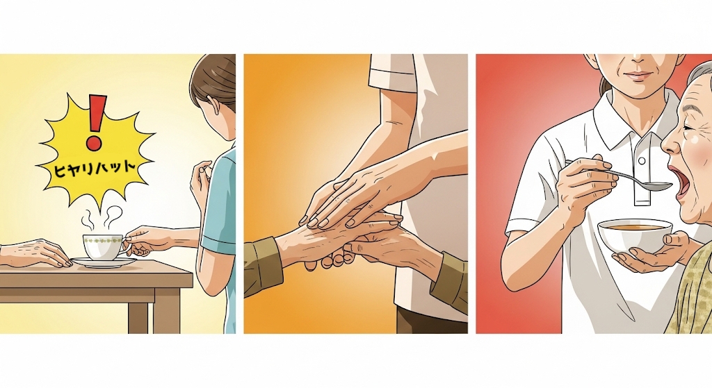 食事介助での危険予知をテーマにしたイラスト。高齢者が熱いお茶に手を伸ばす危険な場面と、それに対して介護士が安全に対応する様子を3つのシーンで描いている。