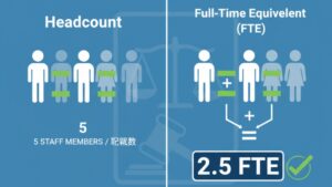 実際の職員の頭数(5人)と常勤換算人数(2.5人)の違いを、労働時間の長さを示すバーで比較したインフォグラフィック。常勤換算の概念を解説している。