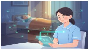 介護職員がAI見守りセンサーからの通知(予兆検知)を受けて、事故を未然に防いでいる様子を表現したイラスト。人とテクノロジーの協働による未来のリスクマネジメント。