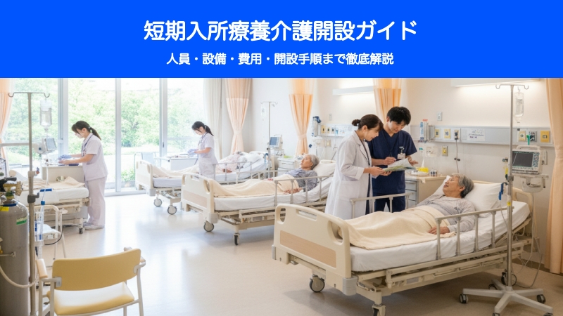 短期入所療養介護施設の病室の様子。医師と看護師が連携して患者をケアしており、複数の高齢患者が医療ベッドで過ごしている。医療機器も見える。上部に「短期入所療養介護 開設ガイド」の文字。