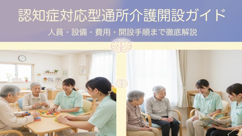 認知症対応型通所介護の開設ガイドのアイキャッチ画像。認知症の高齢者が介護スタッフと共に活動したり、談笑したりする様子が描かれています。上部には「認知症対応型通所介護 開設ガイド」のタイトルが配置され、認知症ケアの専門性を示す脳のアイコンが中央にあります。
