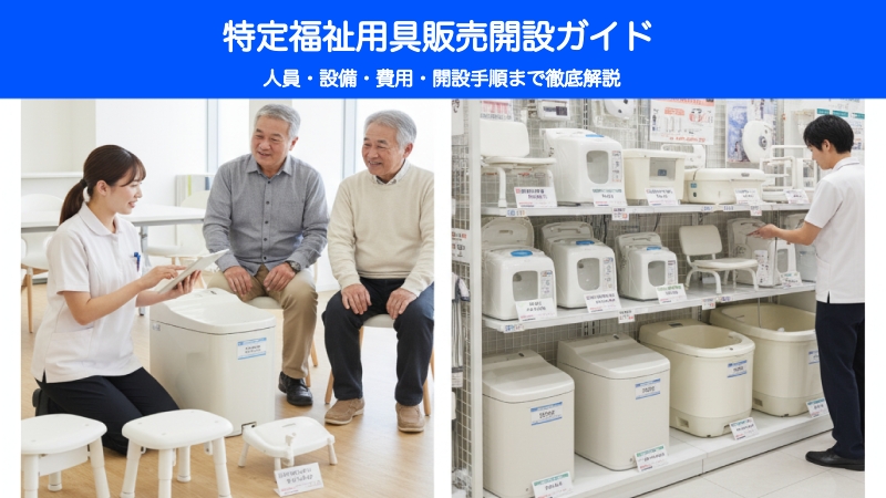 特定福祉用具販売事業の様子を左右2分割で表示。左は専門相談員が高齢夫婦にポータブルトイレや入浴補助用具を説明している場面、右は店舗に特定福祉用具（腰掛便座、入浴補助用具など）が多数展示され、スタッフが管理している場面。上部に「特定福祉用具販売 開設ガイド」の文字。
