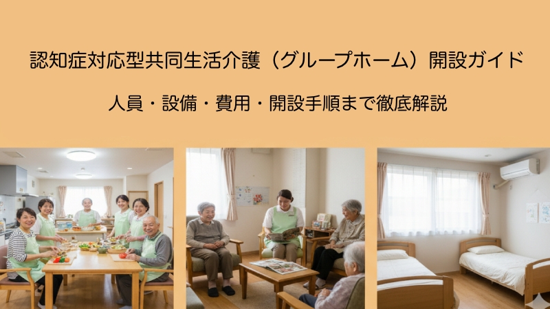 認知症対応型共同生活介護（グループホーム）の開設ガイドのアイキャッチ画像。入居者とスタッフが共に料理をする共同生活室、リビングでの交流、そして個室の様子がコラージュされています。上部には「認知症対応型共同生活介護（グループホーム）開設ガイド」のタイトルと、家庭的な雰囲気を表すロゴが配置されています。