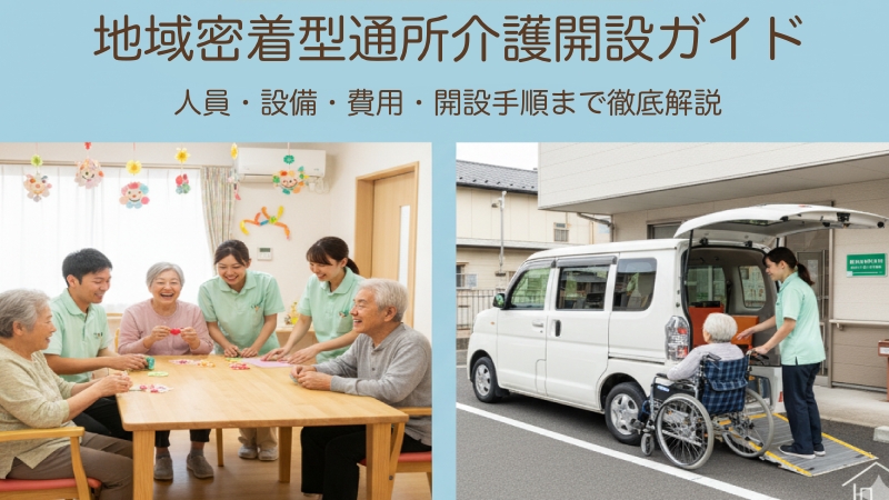 地域密着型通所介護の開設ガイドのアイキャッチ画像。楽しそうに活動する利用者と介護スタッフの様子、および車椅子利用者を福祉車両に乗せる様子が描かれています。上部には「地域密着型通所介護 開設ガイド」のタイトルが配置されています。