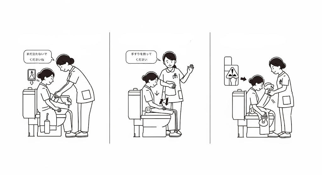 排泄介助時の危険予知をテーマにしたイラスト。濡れた床で立ち上がろうとする高齢者と、それに対して介護士が正しい対応をとる様子を3つのシーンで描いている。