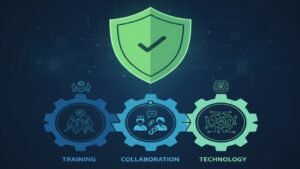 デイサービスの急変対応の成功を支える「訓練」「連携」「テクノロジー(AI)」という3つの要素が組み合わさって、ご利用者の安全を守るシールドを形成しているイラスト。