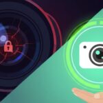 見守りカメラの危険性(ハッキングや監視の不安)を表す赤い警告側のカメラ(左)と、安全・安心な使い方(プライバシー保護とセキュリティ)を表す緑のシールド側のカメラ(右)を対比させたイラスト。