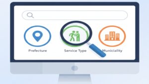 介護サービス情報公表システムの検索画面で、「都道府県」「サービスの種類」「市区町村」などの条件を使って絞り込み検索をしている様子。
